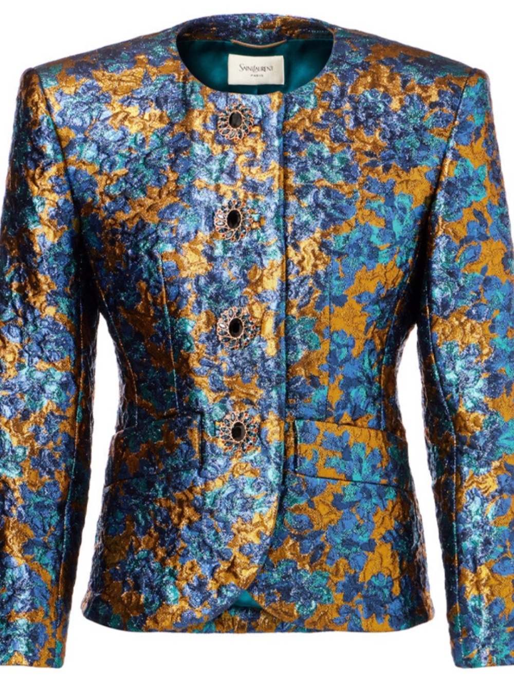 Saint Laurent YSL Lady Runway Metallic Floral Brocade Crystal Button Jacket